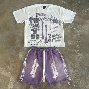 Ensemble short et t-shirt décontracté deux pièces pour homme, imprimé sérigraphié délavé à l'acide, coupe oversize, collection été - Product Image 1