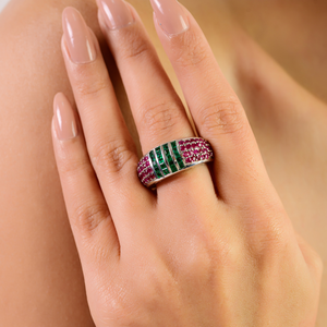 Art Deco Genuine Princess Cut Emerald & Round Brilliant Cut Ruby <b>Statement</b> Dome Band <b>Ring</b> in 925 <b>Silver</b> Wholesale Jewelry - Product Image 2