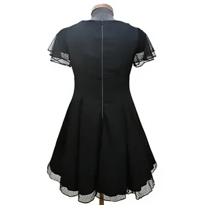 Robe midi élégante noire à pois en maille transparente avec col en V, manches courtes volantées et taille haute pour femme – Vêtement décontracté en gros - Product Image 2