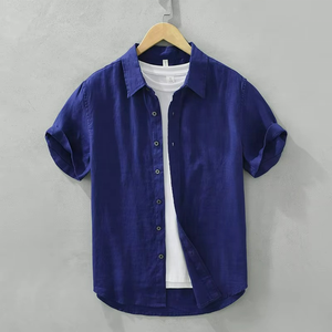 เสื้อเชิ้ตผ้าลินินขายส่ง คุณภาพสูง ทรงพอดีตัว ใส่ได้ในฤดูร้อน ปกคอปกเสื้อแบบพับได้ เสื้อเชิ้ตผู้ชายแขนสั้น - Product Image 5