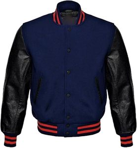 Nouvelle veste bomber universitaire en laine bleu roi et cuir noir, col montant, style universitaire, design streetwear, logo frontal - pour l'hiver - Product Image 2