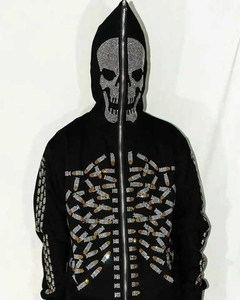 Custom Men Full Zip Up Rhinestone <b>Skeleton</b> <b>Hoodie</b> Streetwear Sweatshirt Wholesale - Product Image 2