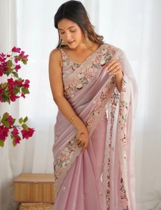 Sari de organza de viscosa adornado con detalles KV para ocasiones festivas - Sin arrugas y reversible - Product Image 1