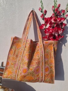 Bolsa de Mano de Algodón Ligera Estilo Vintage Naranja, Bolsa de Hombro Acolchada Hecha a Mano, Bolsa de Compras Reutilizable, Bolsa de Viaje de Gran Capacidad para la Playa - Product Image 1