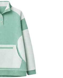 Sweat-shirt épais pour femme, vert menthe et blanc, à blocs de couleur, coupe oversize, en polaire, avec col à boutons-pression et poche kangourou - Product Image 4