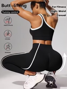 Women 2 Pcs Yoga Suit Contrast Piping Scoop Neck Crop Bra and Crossover V Waistband Compression Leggings Gym Fitness Set - Product Image 6