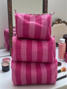 Pink Striped Cotton Cosmetic Bag Small Size Zipper Closure Toiletry Bag Multi Function <b>Makeup</b> <b>Case</b> Lovely Style Toiletry Pouch - Product Image 1