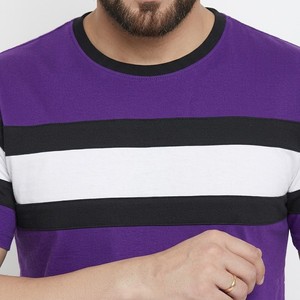 T-shirt décontracté pour homme en coton mélangé tricoté, à col rond, manches courtes, rayures color block violettes, coupe classique, pour tous les jours - Product Image 4