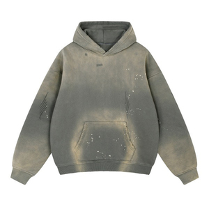 Sudadera con Capucha de Alta Calidad, Estilo Retro, Lavado Vintage con Efecto de Copo de Nieve, Borde Deshilachado, Color Sólido, Forro Polar - Product Image 3