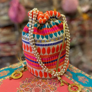 Indian Traditional Orange Potli Hand <b>Bag</b> for Women High Quality <b>Mini</b> <b>Bag</b> Pearl Embroidery Drawstring Closure Wedding Party <b>Gift</b> - Product Image 4