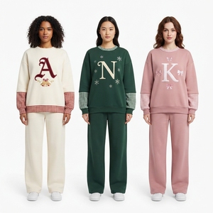 Personalized <b>Women</b> <b>Christmas</b> Crew Neck Pullover with Matching Trousers Custom Embroidery Letter Design Cozy Two Piece - Product Image 1