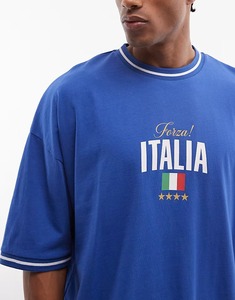 Camiseta de algodón de manga corta con cuello redondo para hombre, azul, de corte holgado, informal, de punto jersey, con estampado frontal y ribete en contraste. - Product Image 5