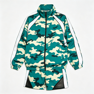 Men Camouflage <b>Tracksuit</b> Set Full Sleeve Stand Collar Zipper Fly Breathable Lightweight Streetwear Shorts With Side Pockets - Product Image 2