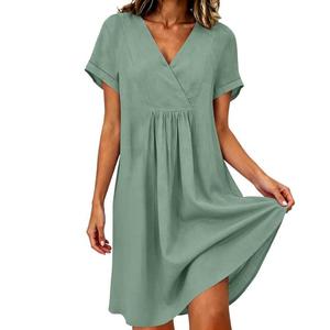 Robe trapèze décontractée d'été en coton 100% avec col en V et manches bouffantes, taille naturelle, silhouette fourreau, couleur unie, tissu respirant - Product Image 3
