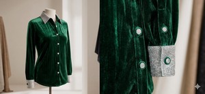 Chemise d'équitation pour femme en velours vert émeraude, col à paillettes argentées, poignets français, légère, respirante, de qualité supérieure - Product Image 2