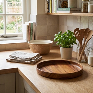 Assiette de service ronde en bois de Suar de qualité alimentaire, brun clair, vingt-huit centimètres, pour le petit-déjeuner, les boissons et la décoration de table à la maison - Product Image 2