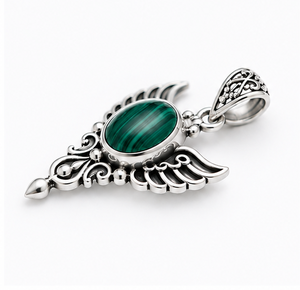 Malachite Silver Pendant, Winged Angel Pendant, 925 Sterling Silver <b>Necklace</b>, Green Malachite Gemstone Pendant Spiritual Jewelry - Product Image 3