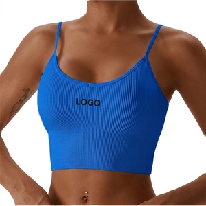 Women Ribbed Spaghetti Strap <b>Sports</b> <b>Bra</b> Scoop Neck Medium Support Breathable Solid <b>White</b> Fitness Top Front Logo - Product Image 5
