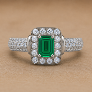 Green Emerald & Lab Grown Diamond <b>Ring</b> | White <b>Gold</b> Emerald Cut Halo <b>Cocktail</b> <b>Ring</b> OEM ODM Fine Jewelry Manufacturer - Product Image 2