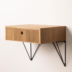 <b>Wall</b> Mounted Nightstand Side Table Acacia Wood Bedside <b>Cabinet</b> With Drawers <b>Metal</b> Hairpin Legs for Bedroom - Product Image 3
