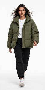Chaqueta Acolchada Verde Oliva con Estampado Abstracto, Cierre Completo, Gruesa, Impermeable, Cortavientos, con Capucha, Informal, Unisex, Ropa de Invierno, Tejido de Burbujas - Product Image 6