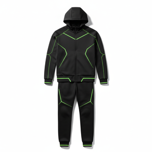 Sudadera con Capucha y Cremallera para Hombre, Color Sólido, Forro Polar, Estilo Casual, Corte Regular, Negro con Ribete Verde Neón, Transpirable, Nuevo Diseño de Otoño - Product Image 1