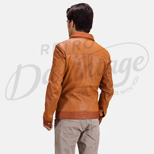 เสื้อแจ็คเก็ตหนังแท้สำหรับผู้ชาย สีแทนและสีคอนยัค หนังแกะแท้ ทรงสลิมฟิต แบบสองสี ซิปหน้า สไตล์แฟชั่น - Product Image 5