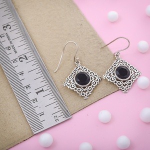 Natural Black Onyx Vintage 925 <b>Silver</b> Dangle <b>Earrings</b> Ornate Filigree <b>Drop</b> <b>Earrings</b> for Womens Gemstone Jewelry - Product Image 2