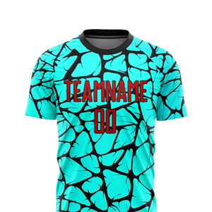 Ensemble d'uniformes de football unisexe, turquoise et noir, motif craquelé, maillot sublimé, short à séchage rapide, 100% polyester, col rond - Product Image 5