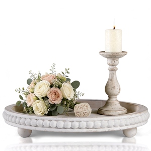 Luxury 12 inch round decorative <b>tray</b> white distressed farmhouse wood oem odm low moq factory price wholesale bulk supply - Product Image 1