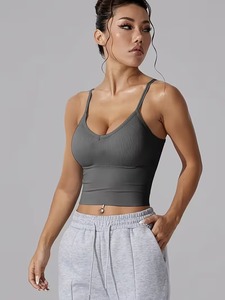 Seamless <b>Longline</b> Workout Crop Top for Women | Low Back Strappy Fitness <b>Bra</b> | Removable Cup White Ribbed Athletic Camisole - Product Image 3