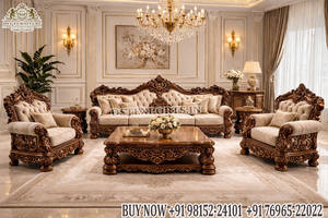 Juego de Sofás de Madera de Teca Tallada a Mano de Estilo Europeo Clásico, Muebles de Sala de Estar con Hojas de Oro Talladas Exclusivas, Juego de Sofás de Aspecto Majestuoso, Reino Unido - Product Image 5