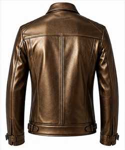 Blouson moto en cuir véritable beige pour homme, col rabattu, fermeture éclair, coupe ajustée, manches classiques, couleur unie, automne - Product Image 6