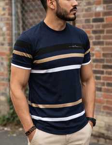 T-shirt à manches courtes pour homme, bleu marine rayé, col rond, coupe classique, décontracté, logo sur le devant, respirant, tricoté - Product Image 4