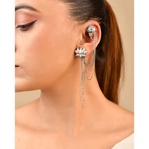 Meera Jaipur Fine Cuff Earrings Pushp <b>Silver</b> <b>Studs</b> with Stylish Design From India - Product Image 5