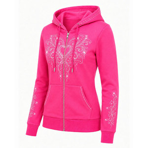 <b>Women</b> <b>Pink</b> Rhinestone <b>Hoodie</b> Zip-Up Floral Sequined Sweatshirt Hooded Long Sleeve Casual Autumn Wear Wholesale Premium - Product Image 5