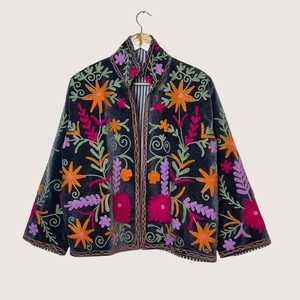 Manteau en velours brodé floral bohème avec manches lanternes, col mandarin, grande taille, vêtements décontractés pour femmes, vêtements d'hiver - Product Image 3