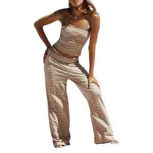 Top Quality Women Striped 2 Piece <b>Set</b> Tube Top And Wide Leg Pants Casual Spring Summer Lounge Wear Breathable Knitted Cotton <b>Set</b> - Product Image 5