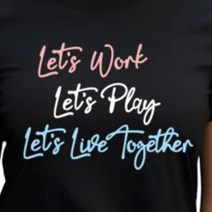 Women's Black Casual Graphic Tee with Colorful Let's Work Let's Play Let's Live Together Embroidered Lettering Short Sleeve - Product Image 6