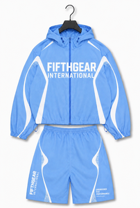 FIFTHGEAR INTERNATIONAL Mens Blue Sporty Hooded Jacket <b>Shorts</b> Windbreaker Quick Dry <b>Polyester</b> Summer Outdoor Wear OEM Bulk Order - Product Image 3