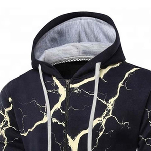 Sweat-shirt à capuche zippé en denim noir personnalisé de qualité supérieure, imprimé éclair, éco-responsable, coupe oversize, streetwear, vente en gros, marque privée - Product Image 4
