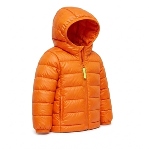 Orange <b>Denim</b> Quilted Windproof Hooded <b>Jacket</b> for Toddlers <b>Lightweight</b> Winter Coat Full Sleeve Zipper Closure Solid Color Design - Product Image 1