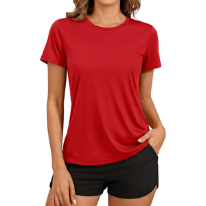 Camiseta Deportiva Casual de Manga Corta con Cuello Redondo y Color Rojo Sólido para Mujer, de Secado Rápido, para Primavera/Verano, ODM OEM - Product Image 1