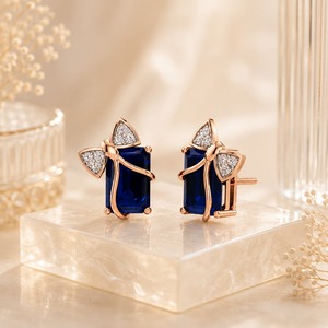 Boucles d'oreilles clous de luxe en pierre précieuse bleue taille émeraude pour femme, en or 10K 14K 18K et argent 925 935, bijoux fins d'inspiration naturelle - Product Image 1