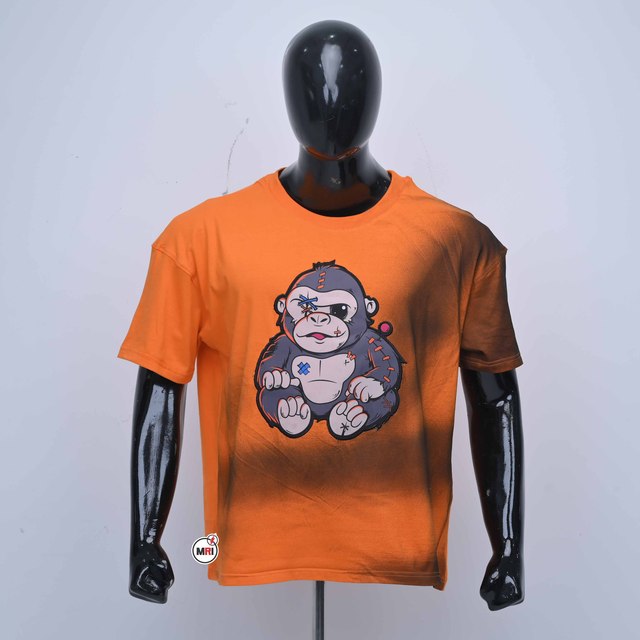 Best Quality Mens Orange Cartoon Gorilla Print Short Sleeve Cotton T-Shirt Regular Fit O-Neck Casual Style with Custom Design