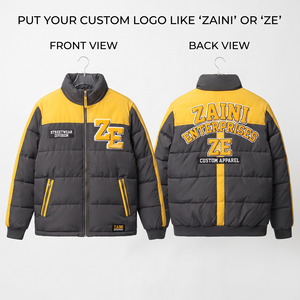 100 Polyester 120 GSM Puffer Jacket Black Yellow Color Block Panel Custom Chenille Patch Embroidery Woven Label - Product Image 1