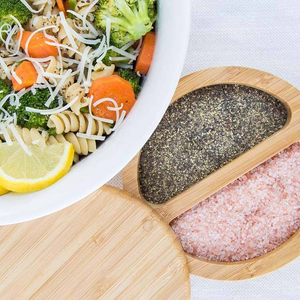 Contenedor Redondo de Bambú para Almacenamiento de Especias, Sal y Pimienta, con Dos Compartimentos y Tapa Magnética, Venta al Por Mayor - Product Image 4