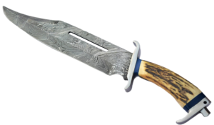 Couteau Bowie artisanal en acier Damas de qualité industrielle, manche en os de chameau, étui en cuir fin, couteau de camping en plein air - Product Image 5