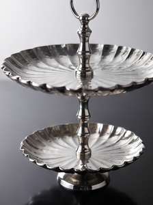 Premium Silver Metal 2 <b>Tier</b> <b>Cake</b> <b>Stand</b> with Ring Handle Pedestal Base Scalloped Pastry Cupcake Display Serving Plate - Product Image 4
