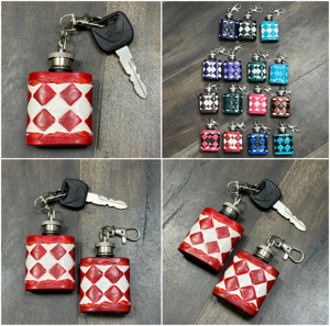 New 2026 Personalised Hand <b>Tooled</b> Genuine Cowhide Leather Mini Hip Flask Keychains OEM ODM Checkered Pattern With Metal Hook - Product Image 3
